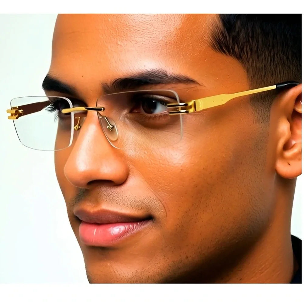 Rimless Sunglasses Men Rectangle Gold Frame Clear Lens Fashion Eyewear UV400 New